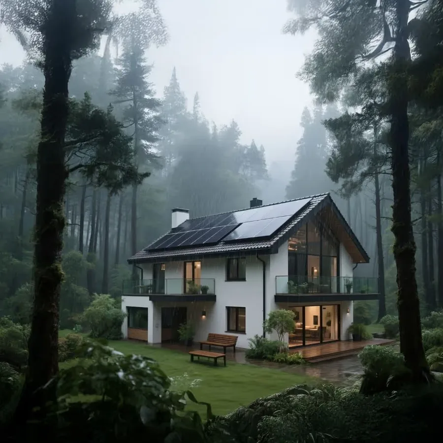 Woning met LONGi-panelen tussen de bomen