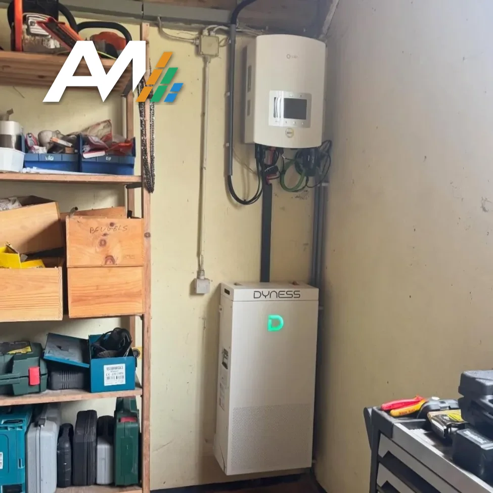 Dyness-thuisbatterij met de omvormer erboven aan de wand van een garage
