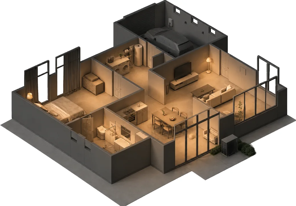 Schematische woning met energiestromen