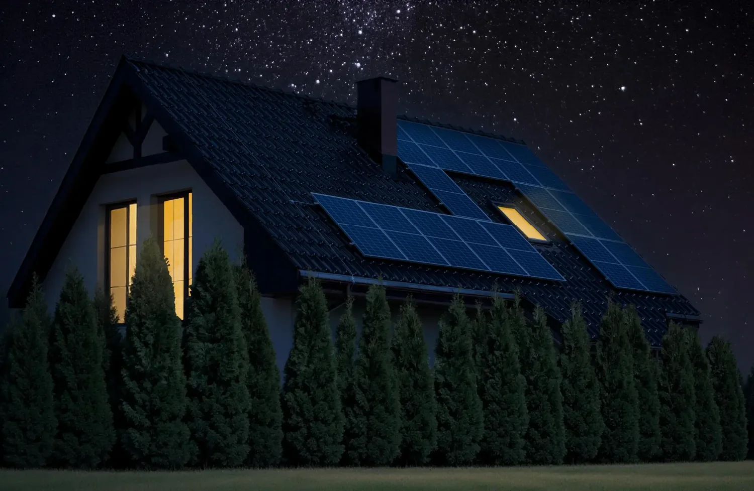 Woning met zonnepanelen in de avond