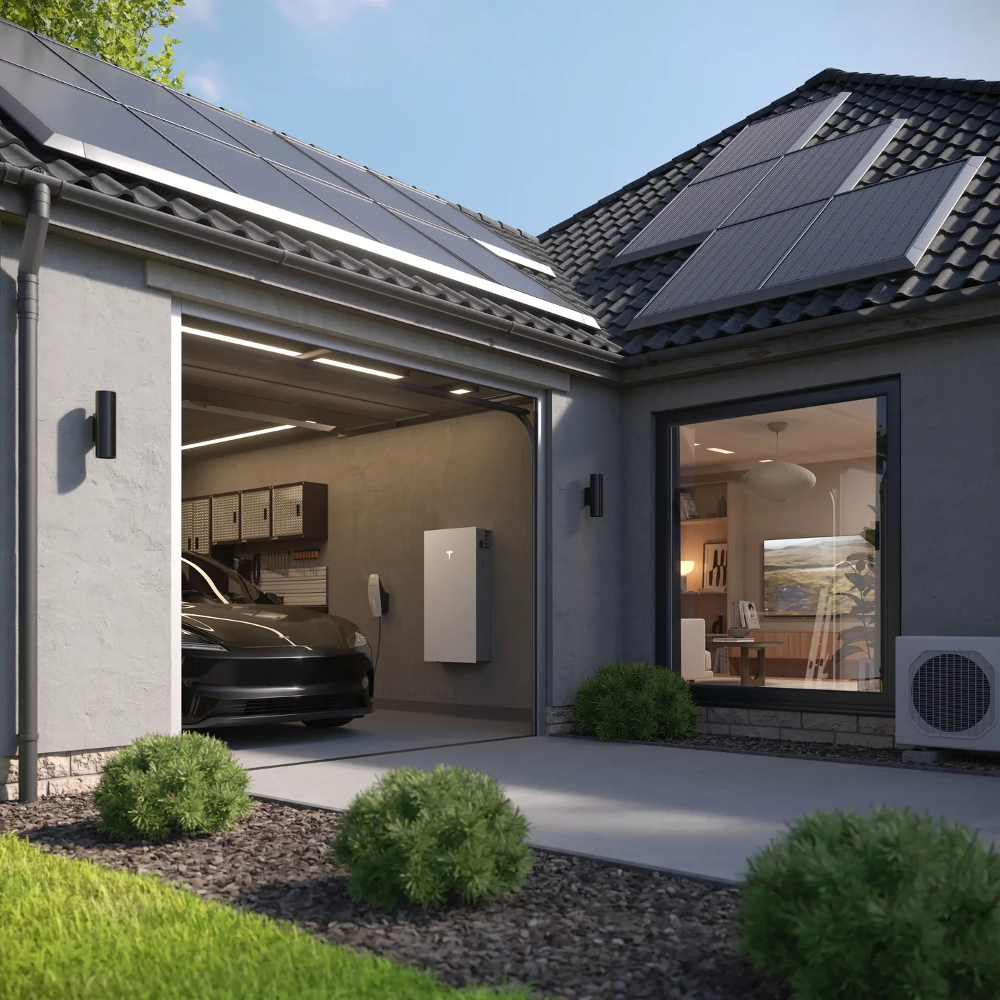 Tesla Powerwall bij een woning met zonnepanelen