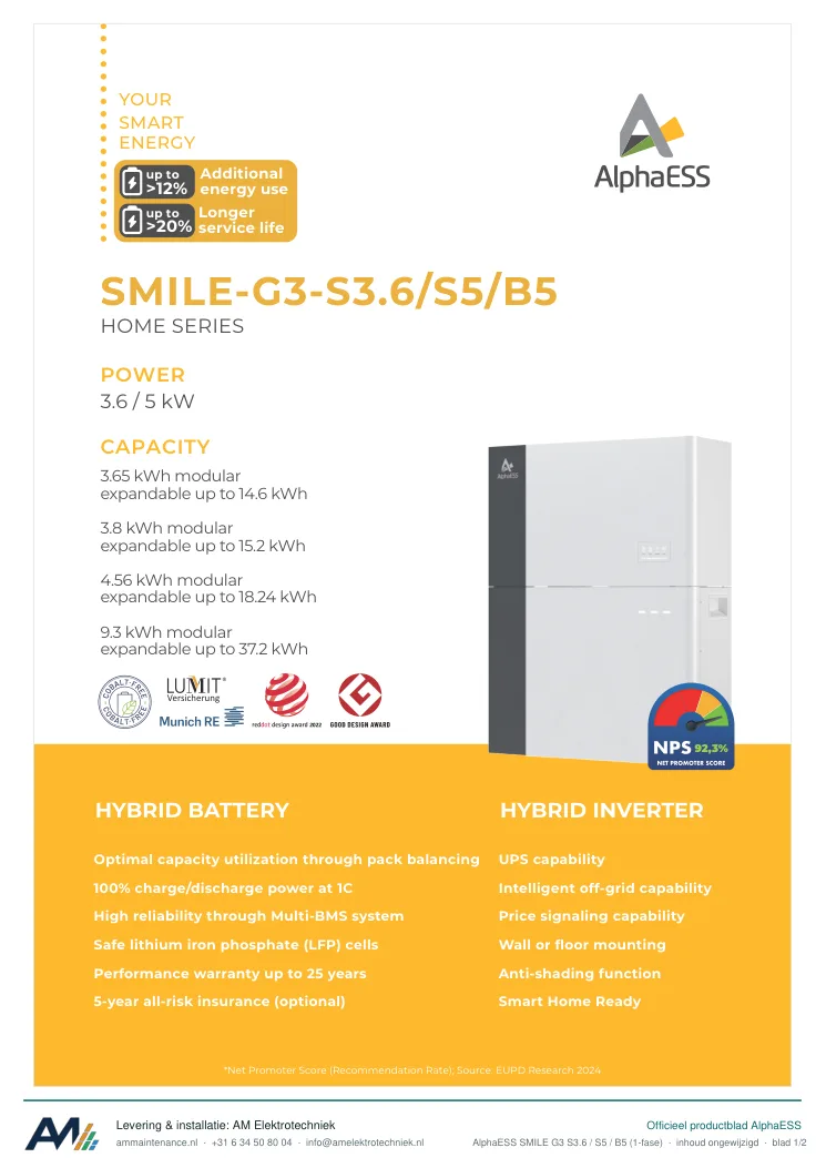 Eerste blad van de datasheet AlphaESS SMILE G3 S3.6 / S5 / B5 (1-fase)