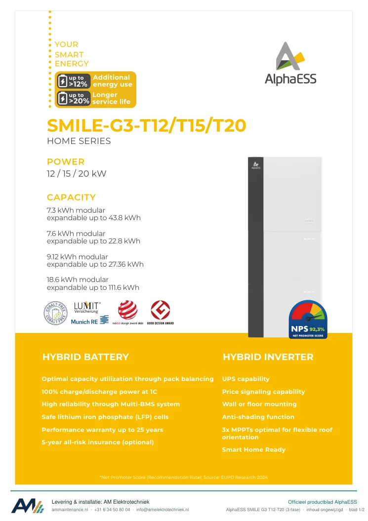 Eerste blad van de datasheet AlphaESS SMILE G3 T12–T20 (3-fase)