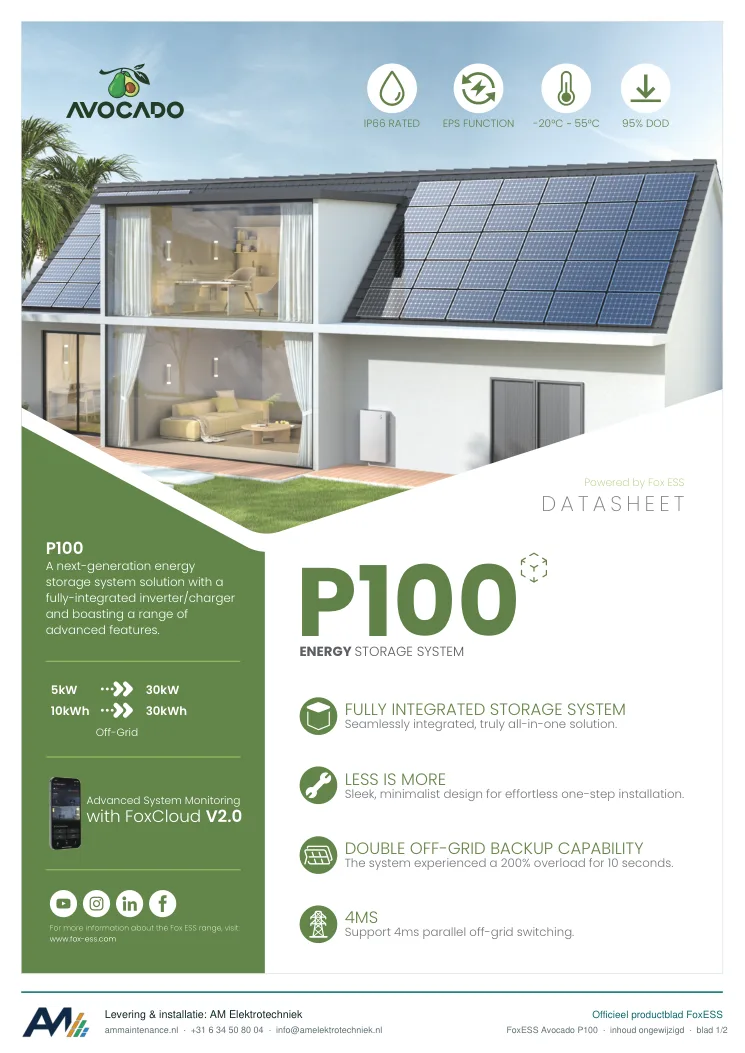Eerste blad van de datasheet FoxESS Avocado P100