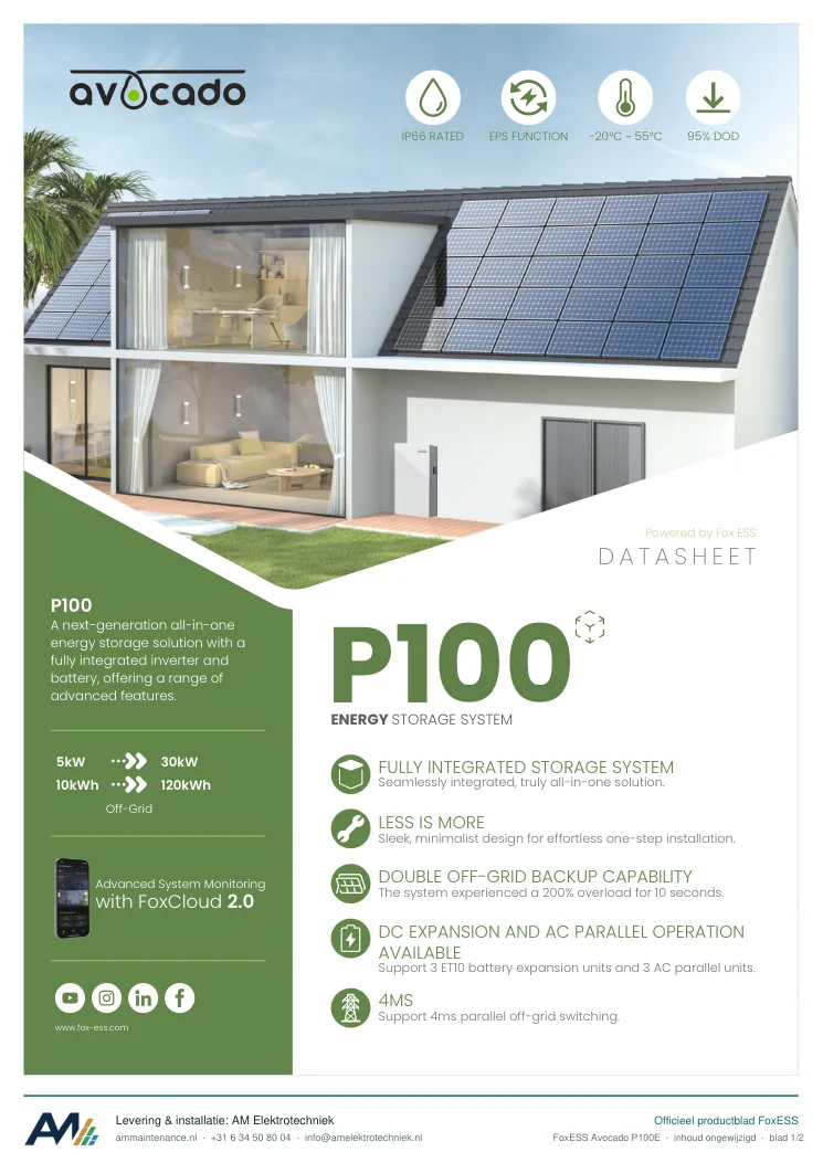 Eerste blad van de datasheet FoxESS Avocado P100E