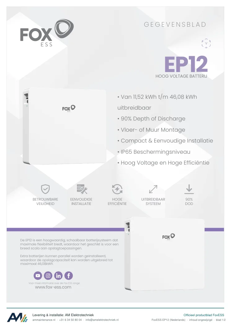 Eerste blad van de datasheet FoxESS EP12 (Nederlands)