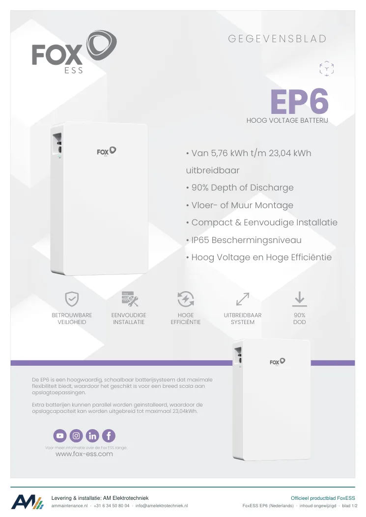 Eerste blad van de datasheet FoxESS EP6 (Nederlands)