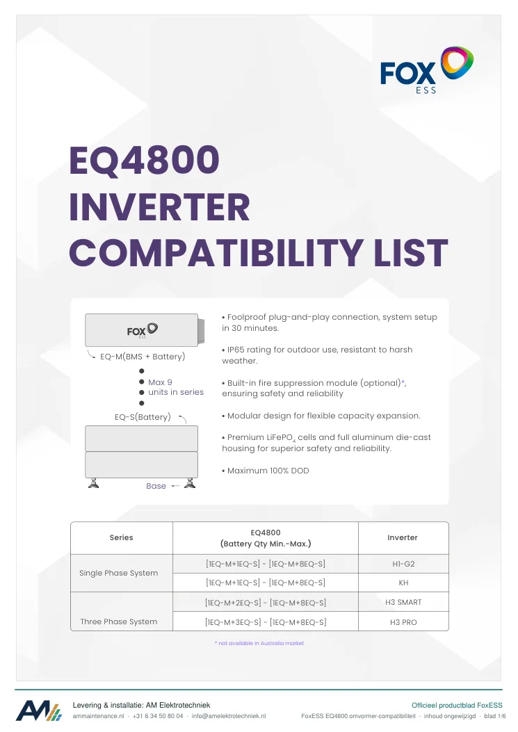 Eerste blad van de datasheet FoxESS EQ4800 omvormer-compatibiliteit