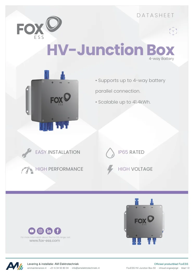 Eerste blad van de datasheet FoxESS HV-Junction Box-50