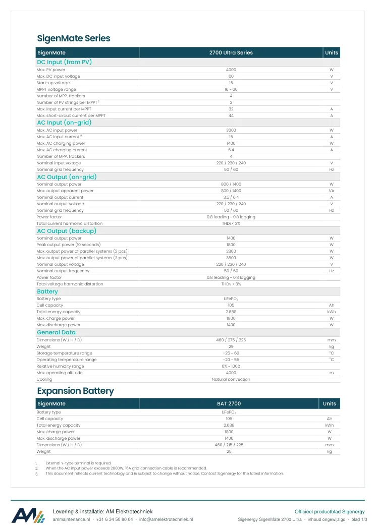 Eerste blad van de datasheet Sigenergy SigenMate 2700 Ultra