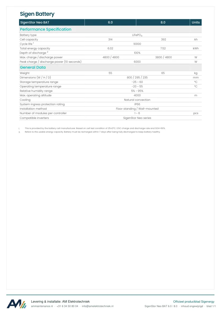 Eerste blad van de datasheet SigenStor Neo BAT 6.0 / 8.0
