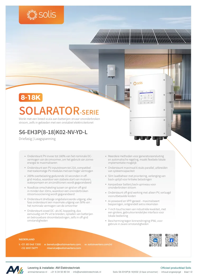 Eerste blad van de datasheet Solis S6-EH3P(8-18)K02 (3-fase omvormer)