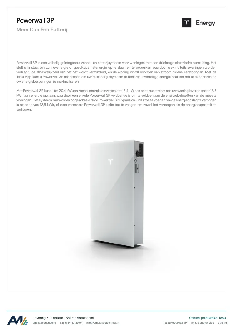 Eerste blad van de datasheet Tesla Powerwall 3P