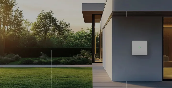 Dyness PowerBox G2 aan een buitengevel onder een overstek