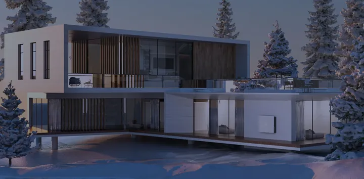Moderne villa in de sneeuw met een Dyness PowerBox G2 aan de gevel