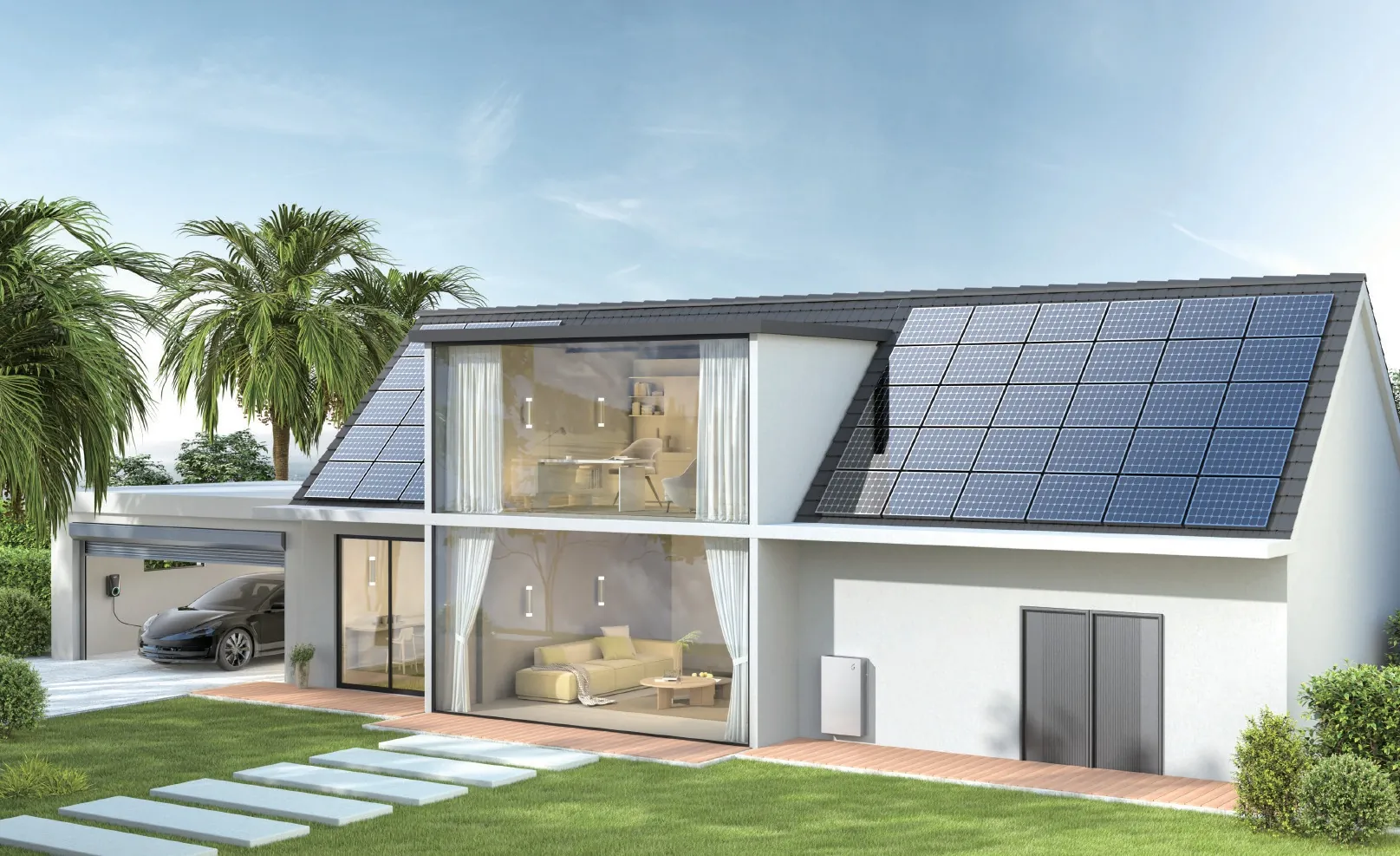 Moderne woning met zonnepanelen en een FoxESS Avocado