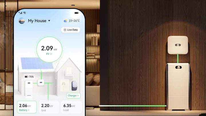 FusionSolar-app met de energiestromen van de woning