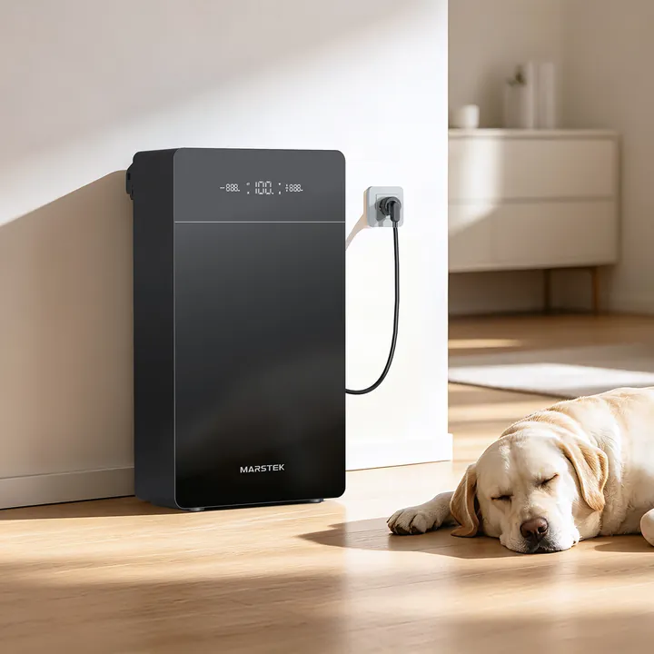 Marstek Venus E Max in een woonkamer met een hond ervoor
