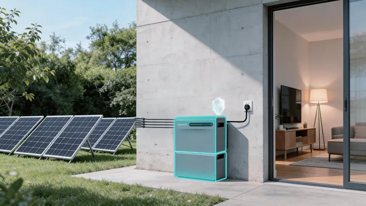 Sigenergy SigenMate buiten tegen een betonnen gevel met zonnepanelen in de tuin