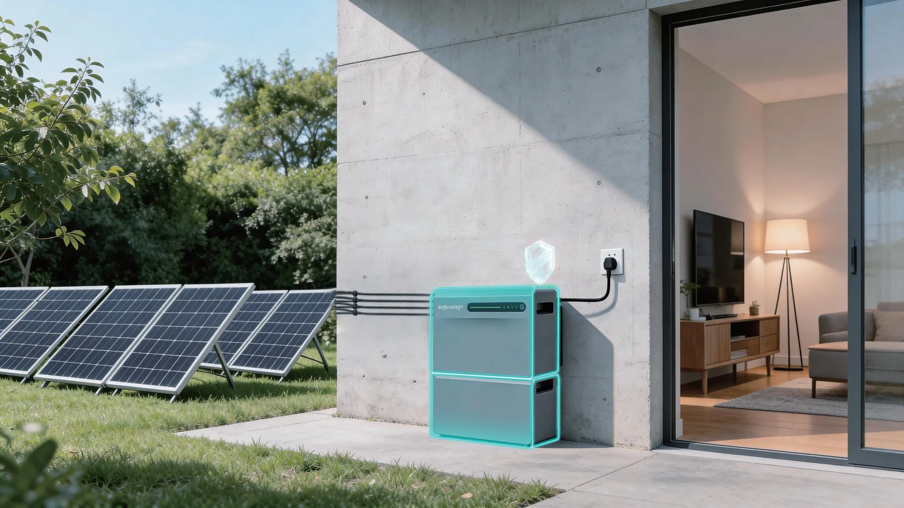 Sigenergy SigenMate buiten tegen een betonnen gevel met zonnepanelen in de tuin