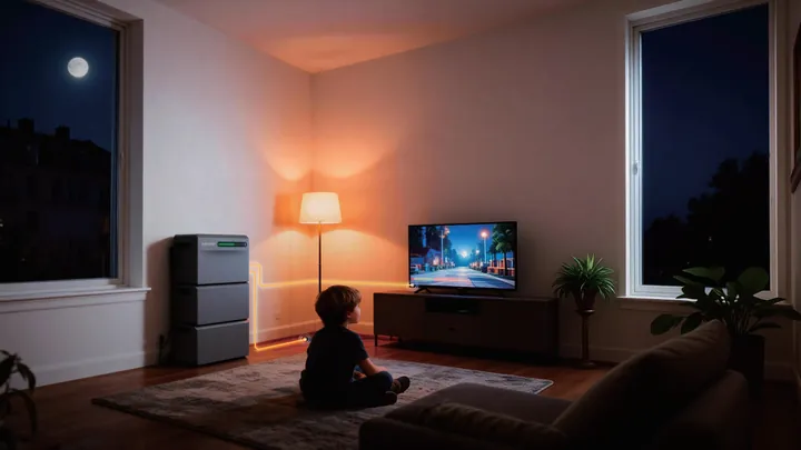Sigenergy SigenMate in de hoek van een woonkamer bij avond