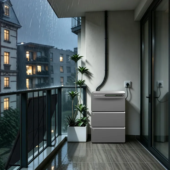 Sigenergy SigenMate op een overdekt balkon in de regen