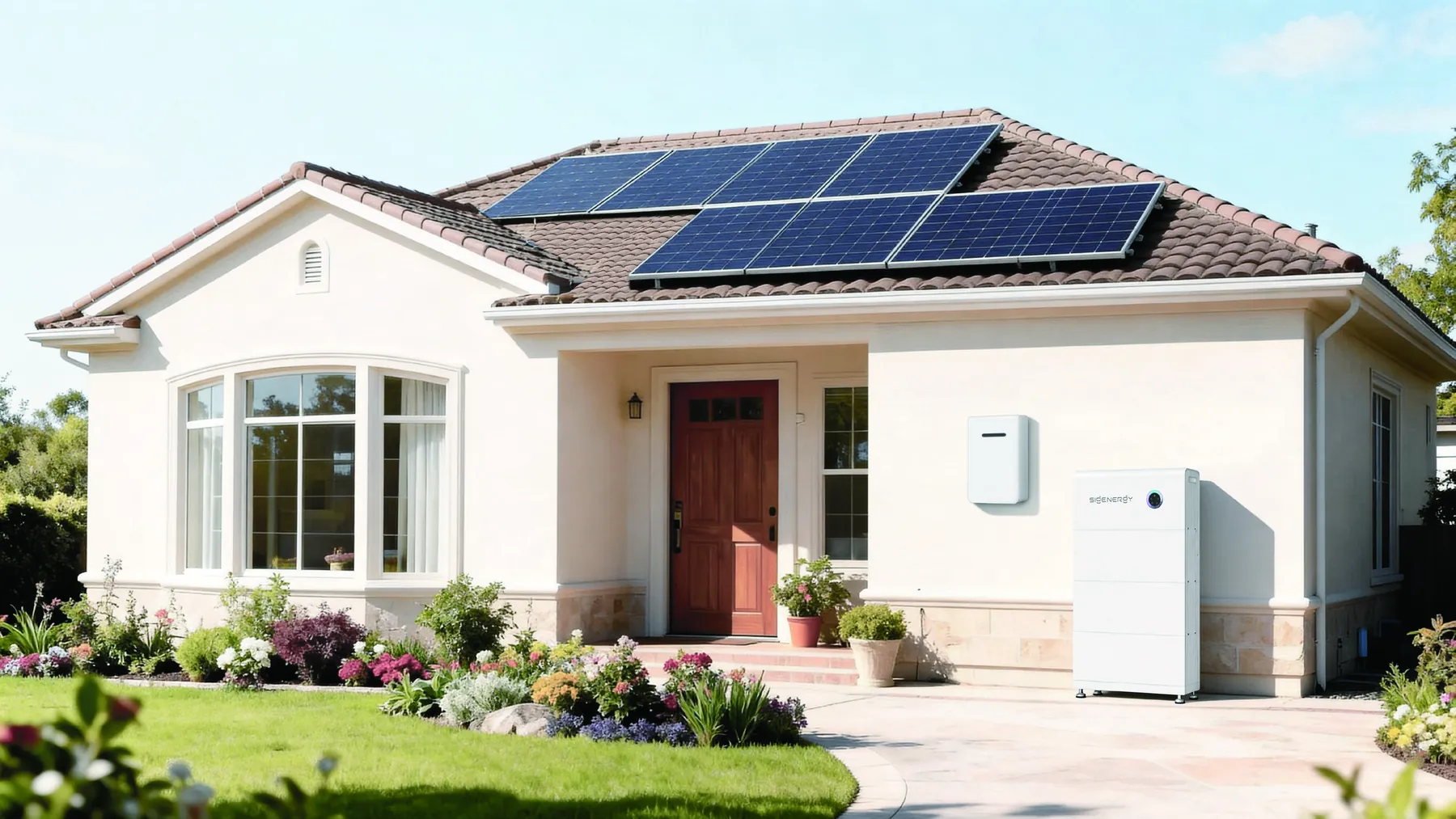 Vrijstaand huis met zonnepanelen en een SigenStor Neo aan de gevel