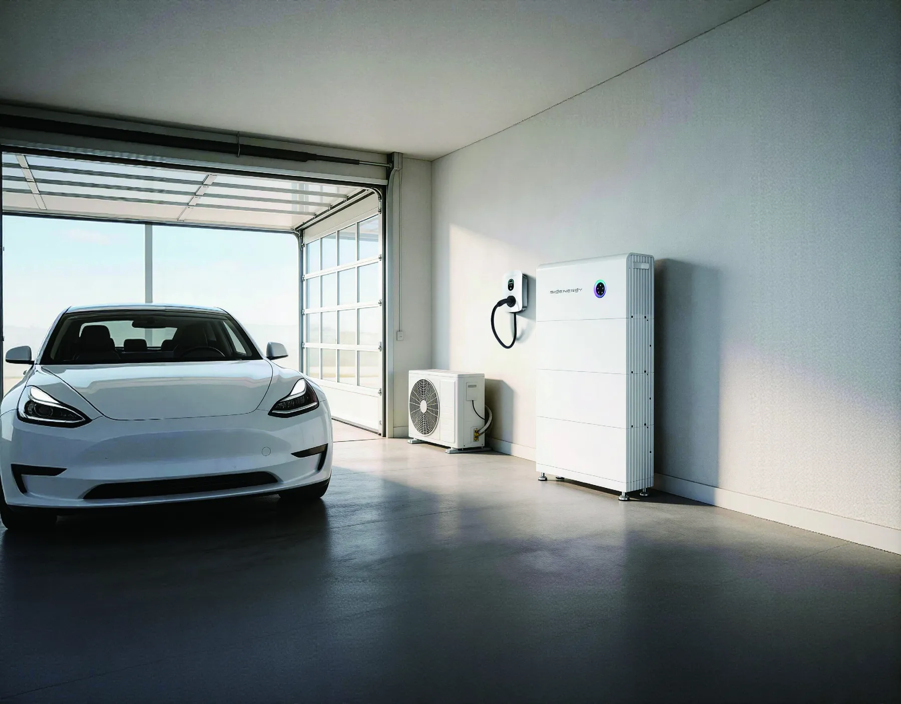 SigenStor Neo in een lichte garage met elektrische auto en warmtepomp