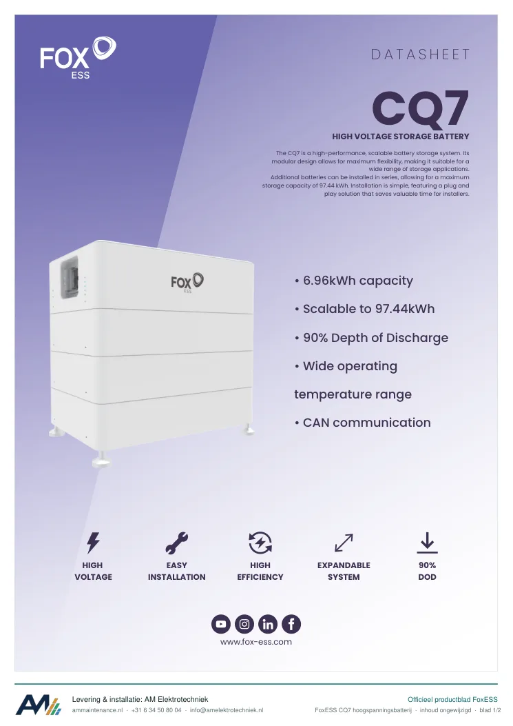 Eerste blad van de datasheet FoxESS CQ7 hoogspanningsbatterij