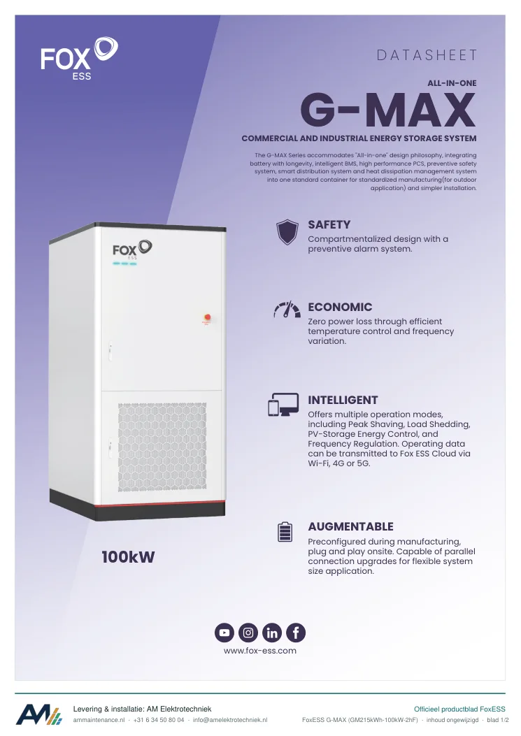 Eerste blad van de datasheet FoxESS G-MAX (GM215kWh-100kW-2hF)