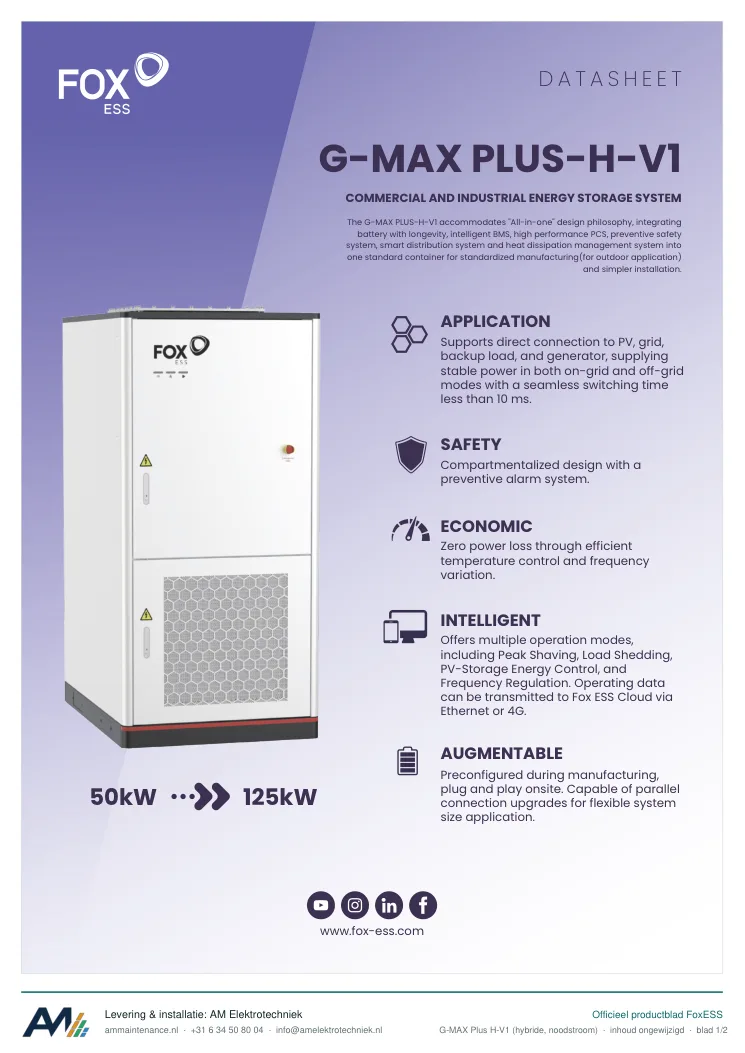 Eerste blad van de datasheet G-MAX Plus H-V1 (hybride, noodstroom)
