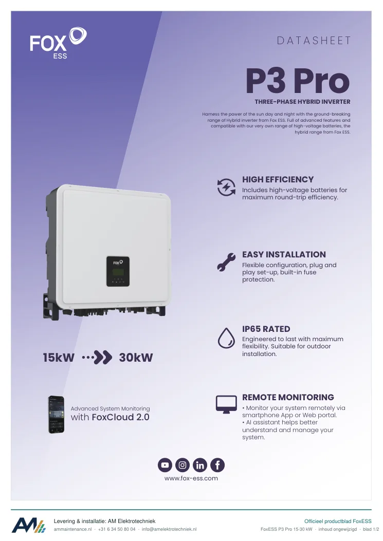 Eerste blad van de datasheet FoxESS P3 Pro 15–30 kW