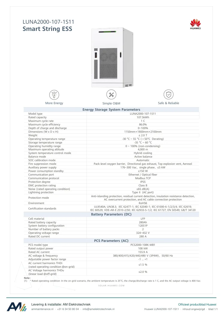 Eerste blad van de datasheet Huawei LUNA2000-107-1S11