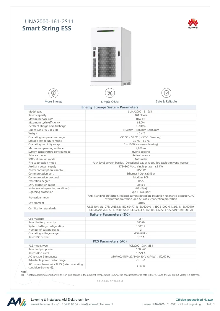 Eerste blad van de datasheet Huawei LUNA2000-161-2S11