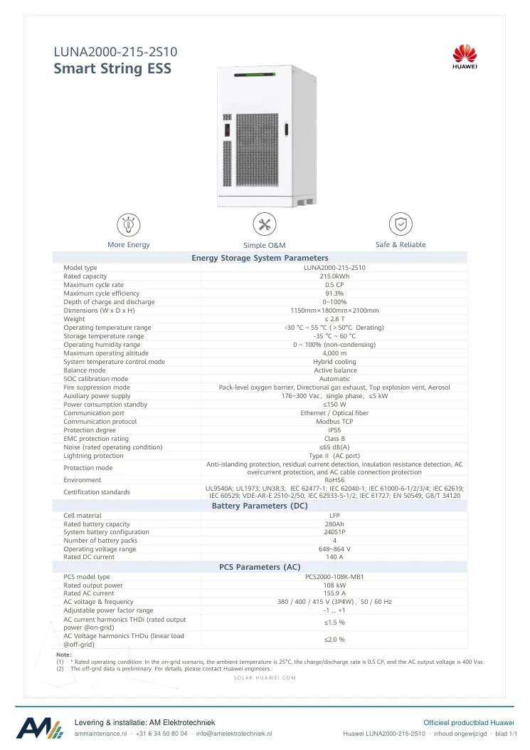 Eerste blad van de datasheet Huawei LUNA2000-215-2S10
