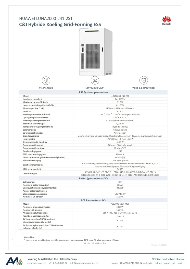 Eerste blad van de datasheet Huawei LUNA2000-241-2S1 (Nederlands)