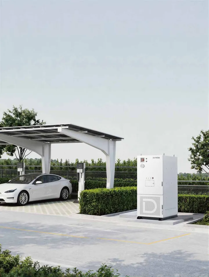 Dyness DH200Y-C260 naast een solar-carport met laadpaal