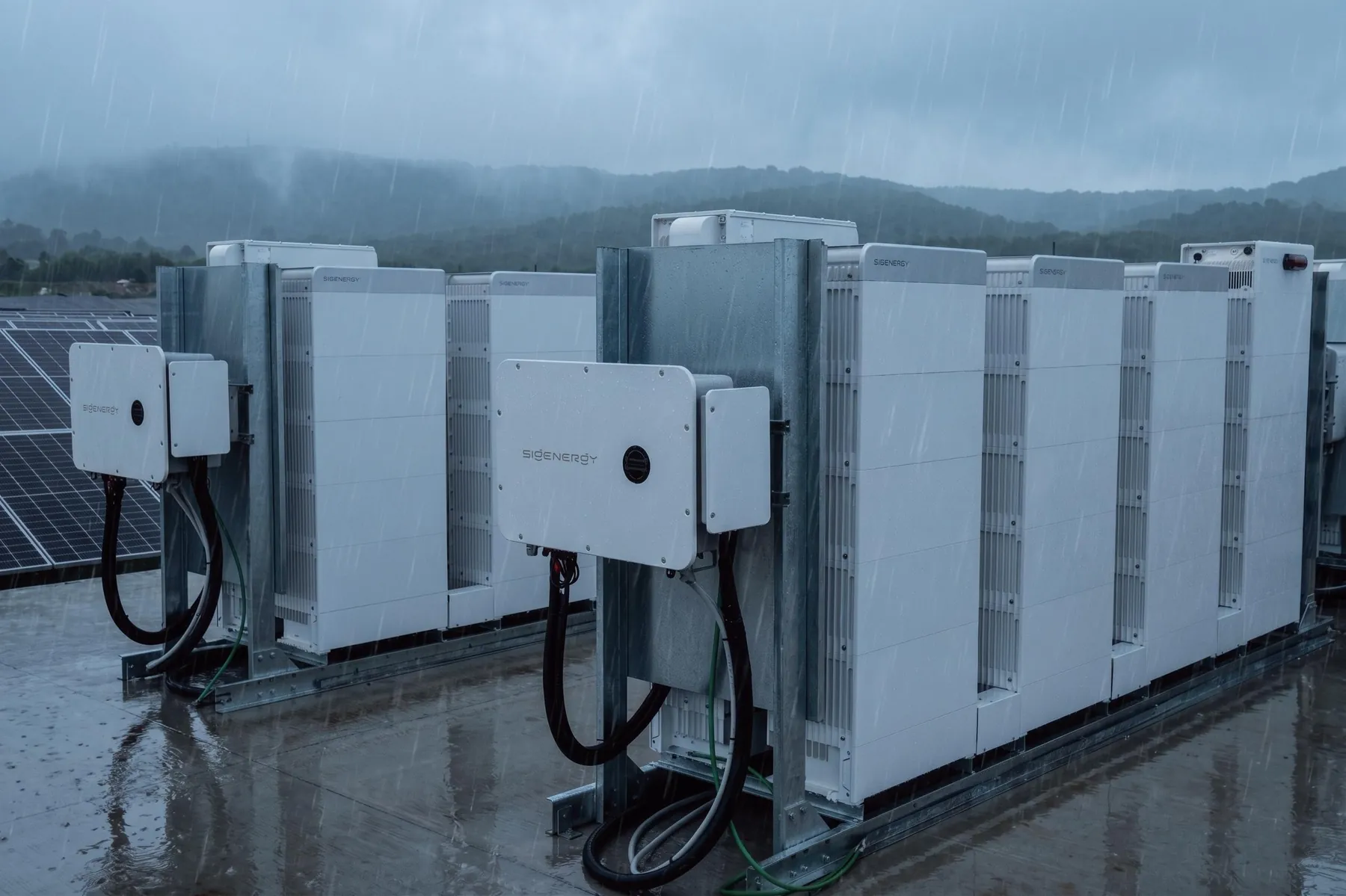 SigenStack-batterijstacks met Sigen-omvormers op een plat dak
